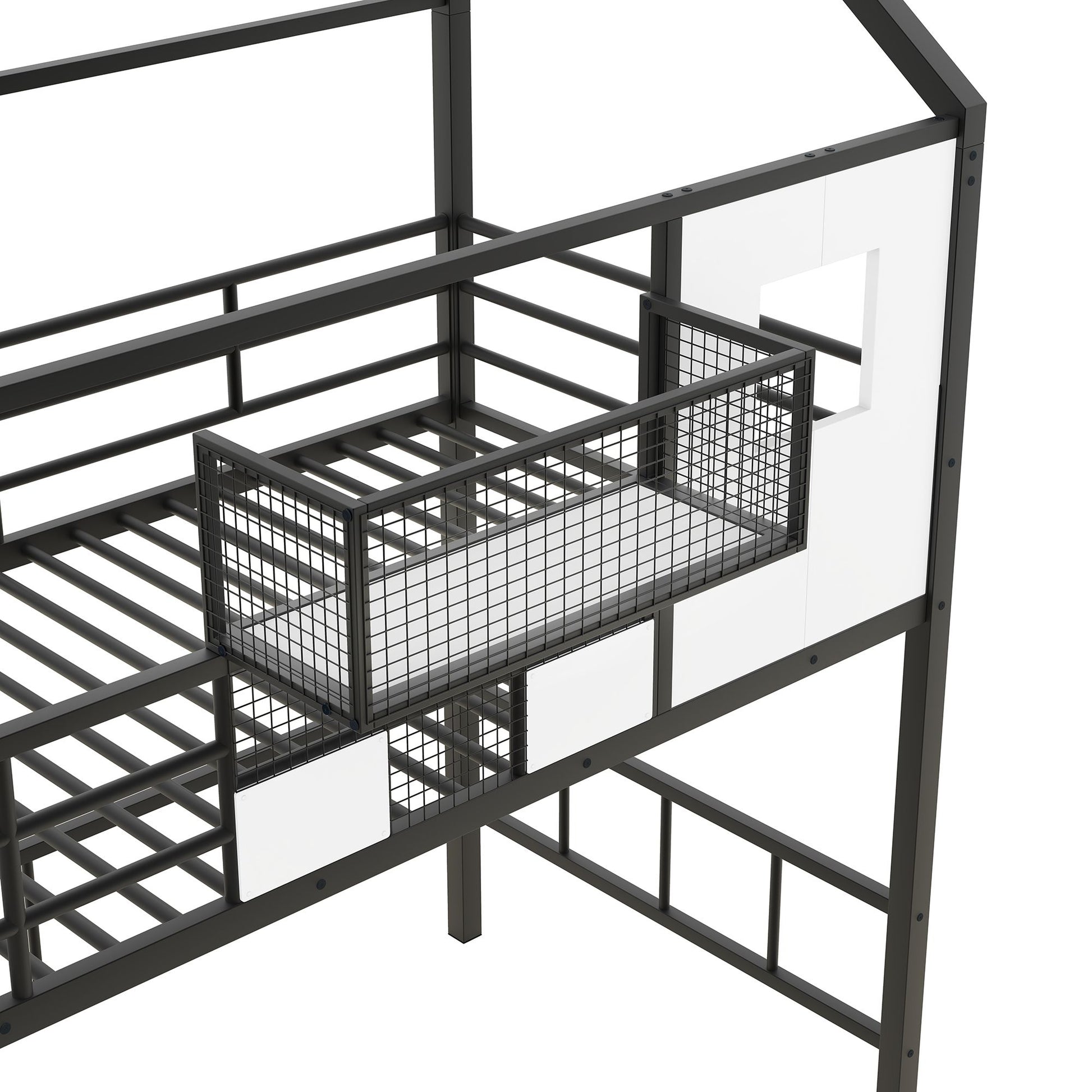 Metal Loft Bed with roof design and a storage box, Twin, Black image 14