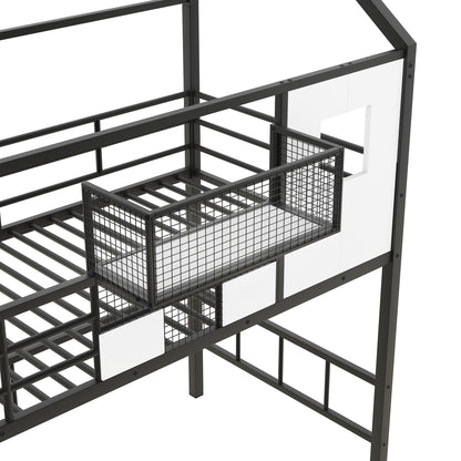 Metal Loft Bed with roof design and a storage box, Twin, Black image 14