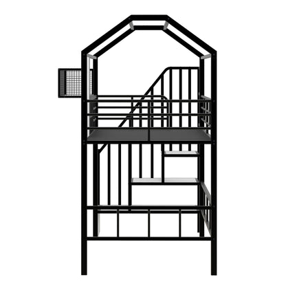 Metal Loft Bed with roof design and a storage box, Twin, Black image 10