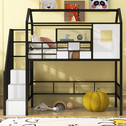 Metal Loft Bed with roof design and a storage box, Twin, Black image 3