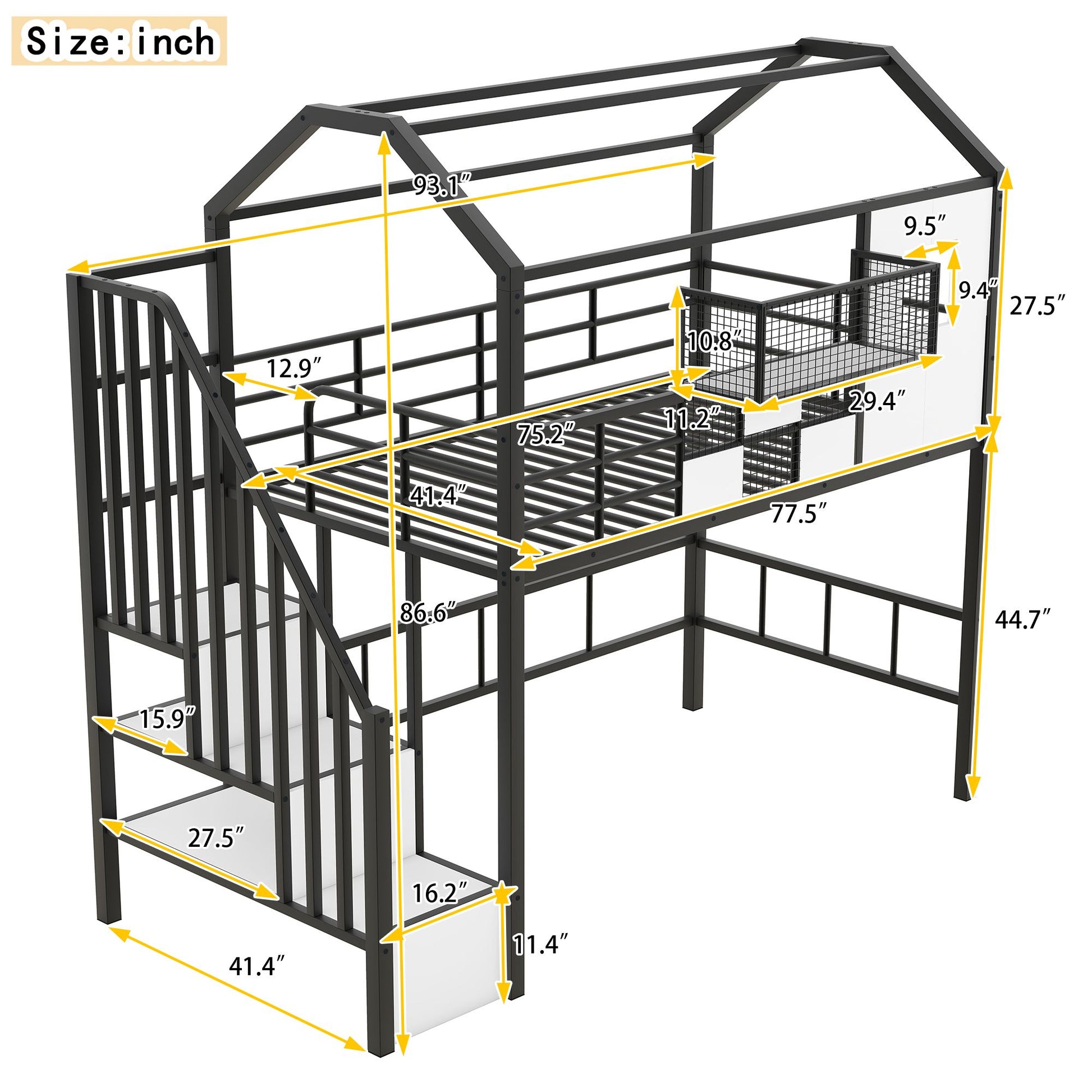 Metal Loft Bed with roof design and a storage box, Twin, Black image 15