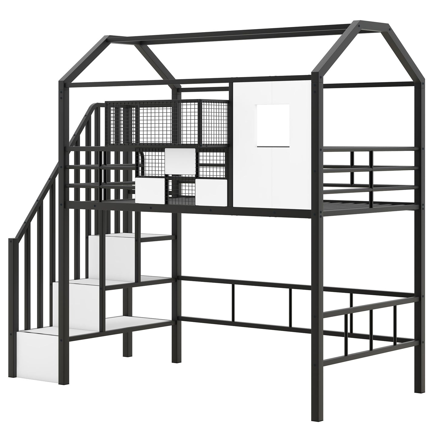 Metal Loft Bed with roof design and a storage box, Twin, Black image 13