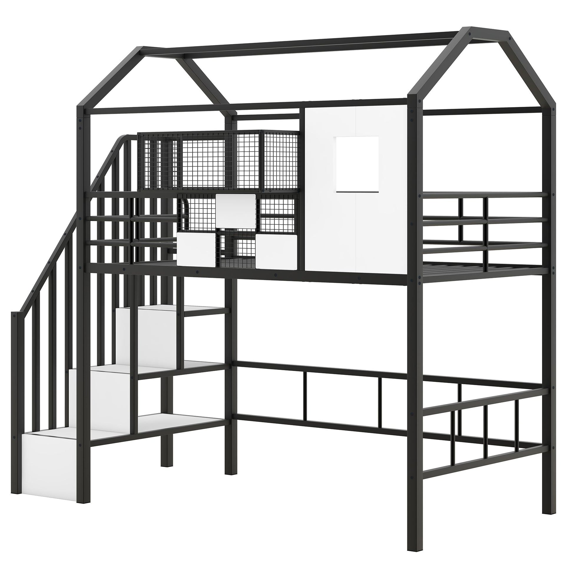 Metal Loft Bed with roof design and a storage box, Twin, Black image 13