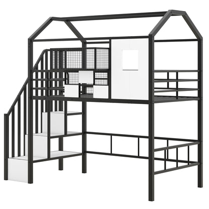Metal Loft Bed with roof design and a storage box, Twin, Black image 13