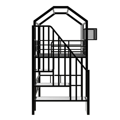 Metal Loft Bed with roof design and a storage box, Twin, Black image 11