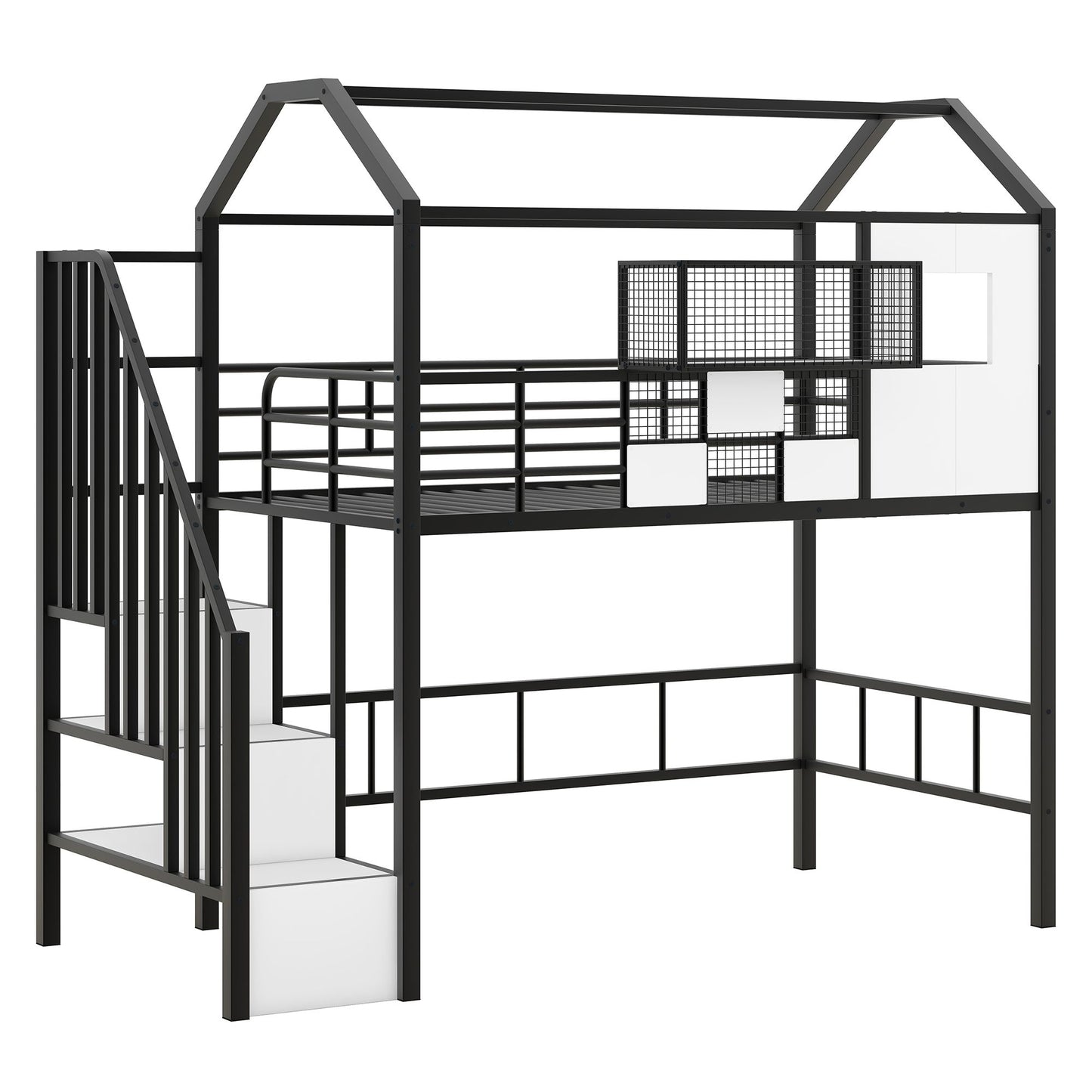 Metal Loft Bed with roof design and a storage box, Twin, Black image 8