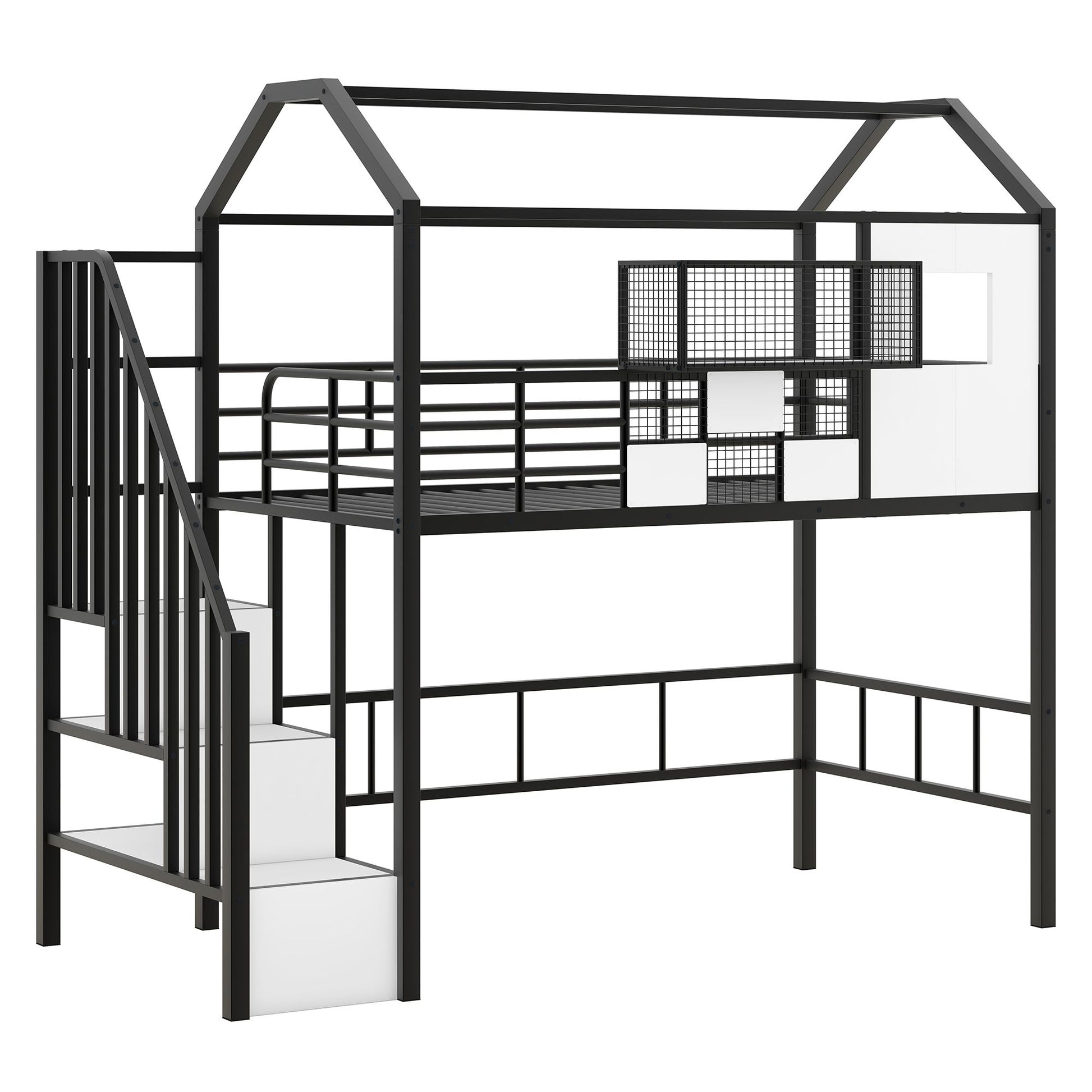 Metal Loft Bed with roof design and a storage box, Twin, Black image 8