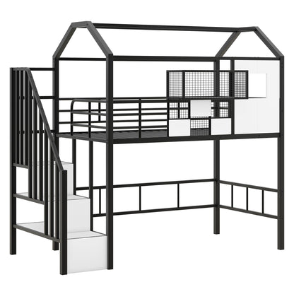 Metal Loft Bed with roof design and a storage box, Twin, Black image 8
