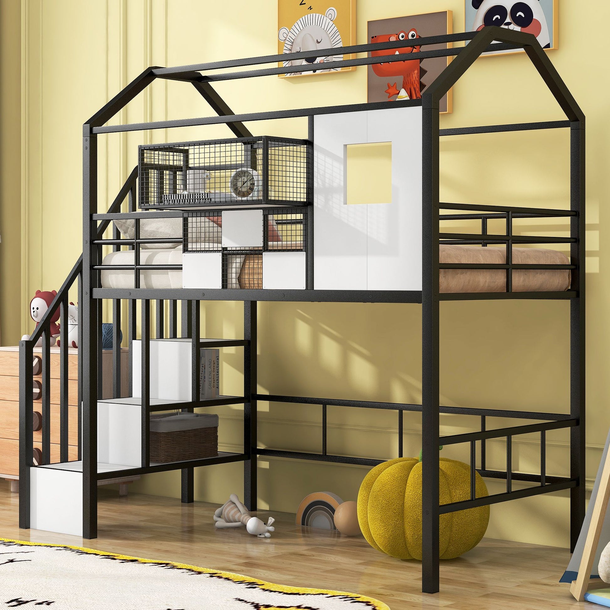 Metal Loft Bed with roof design and a storage box, Twin, Black image 1