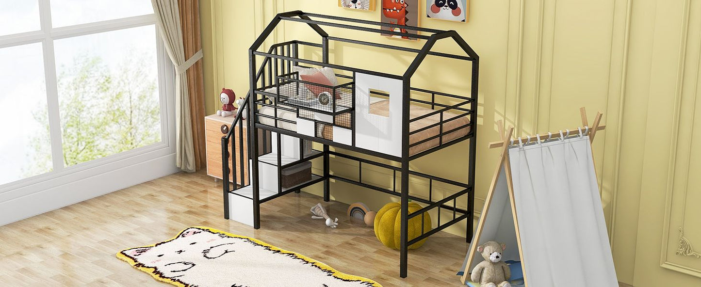 Metal Loft Bed with roof design and a storage box, Twin, Black image 5