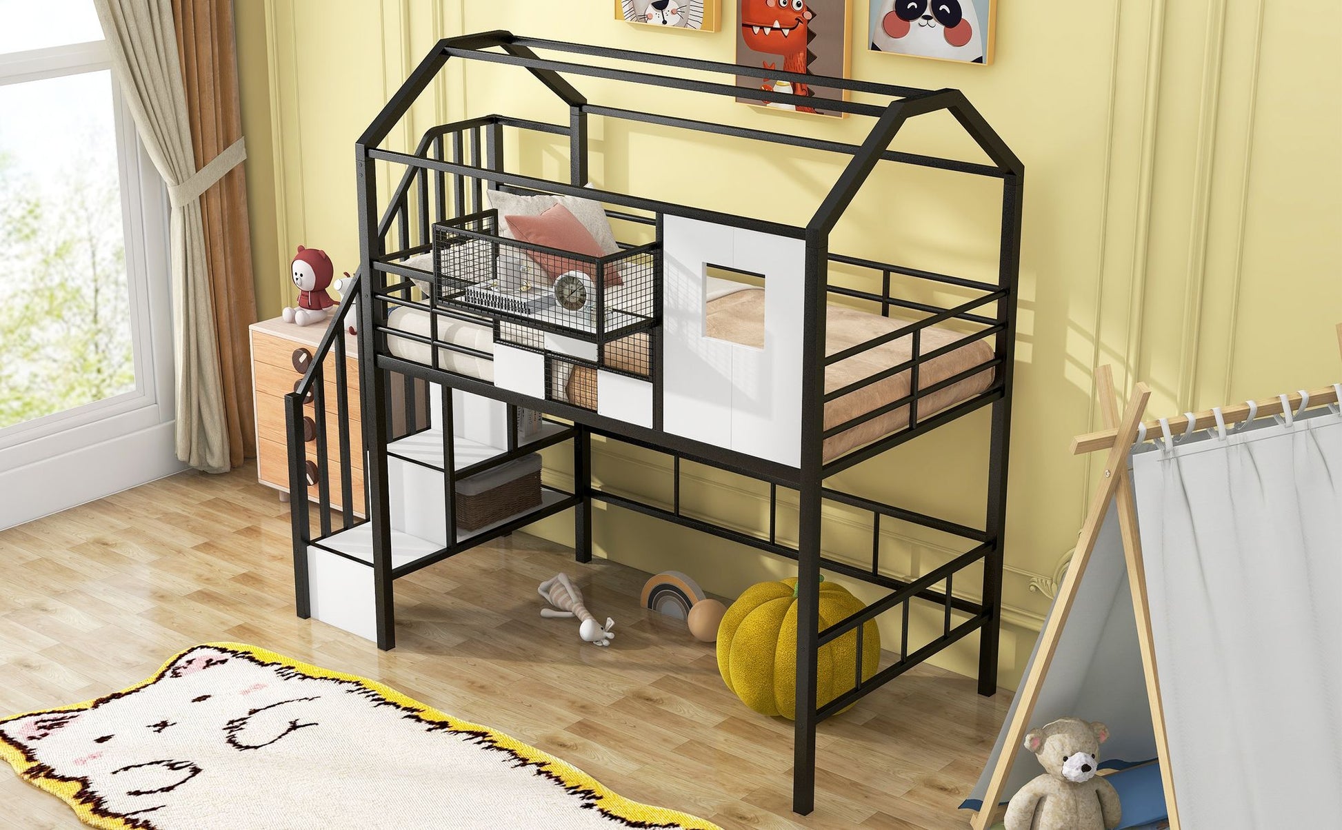 Metal Loft Bed with roof design and a storage box, Twin, Black image 4