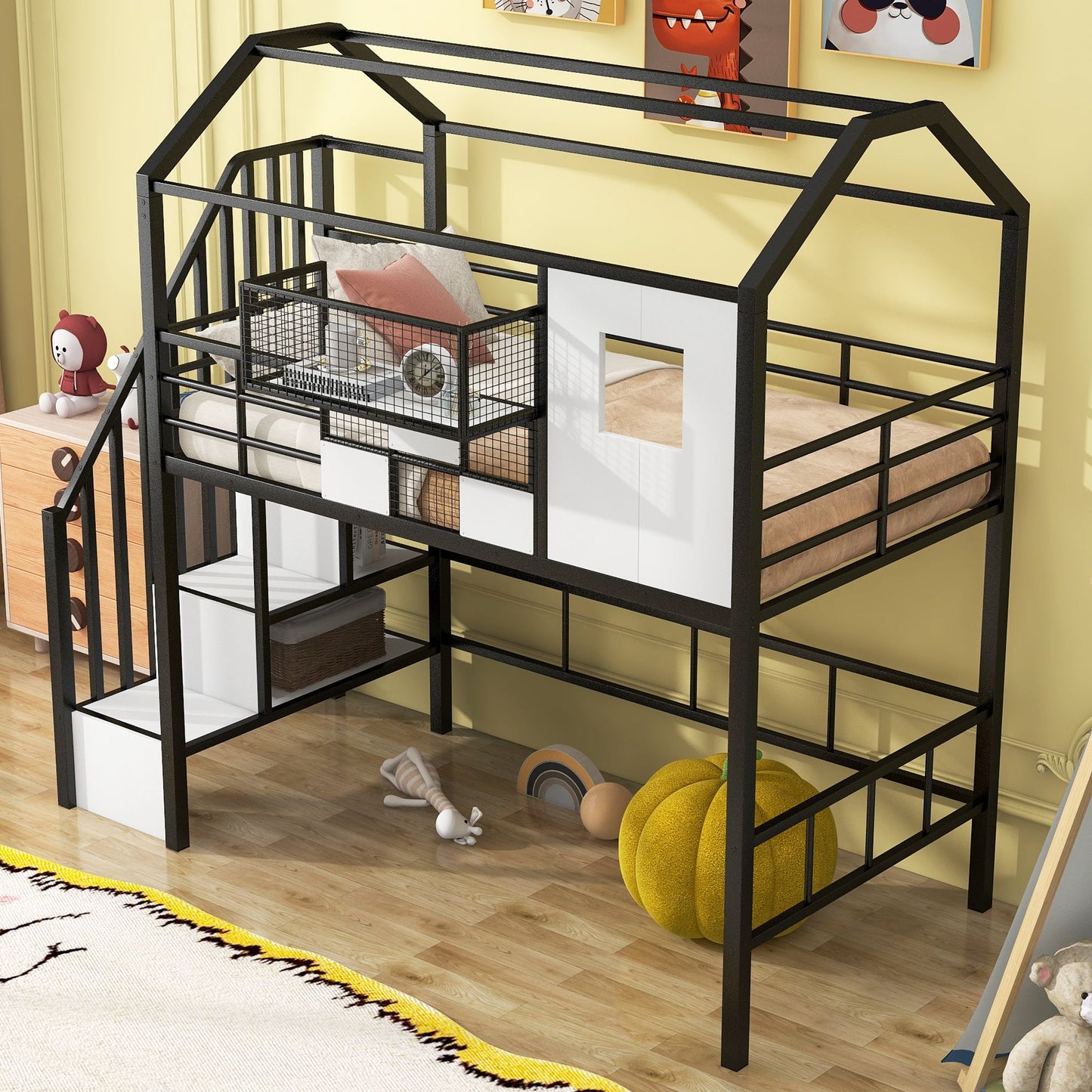 Metal Loft Bed with roof design and a storage box, Twin, Black image 2