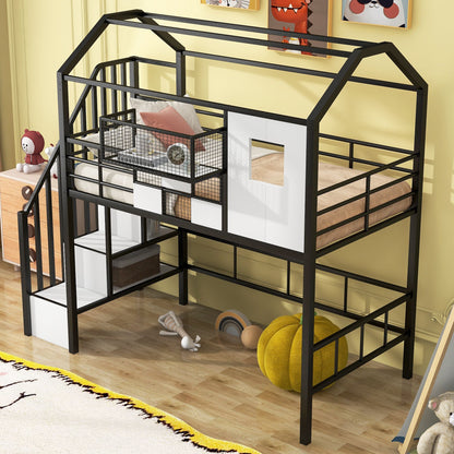 Metal Loft Bed with roof design and a storage box, Twin, Black image 2
