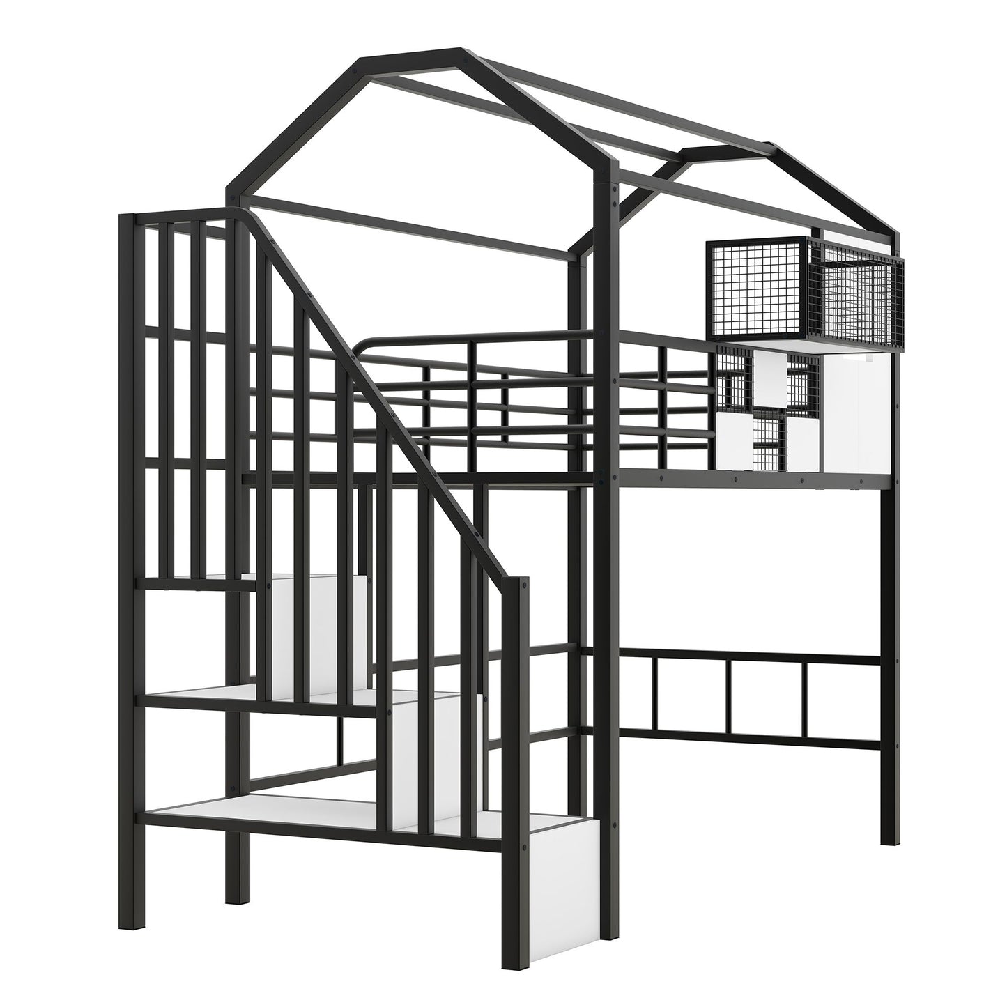 Metal Loft Bed with roof design and a storage box, Twin, Black image 12