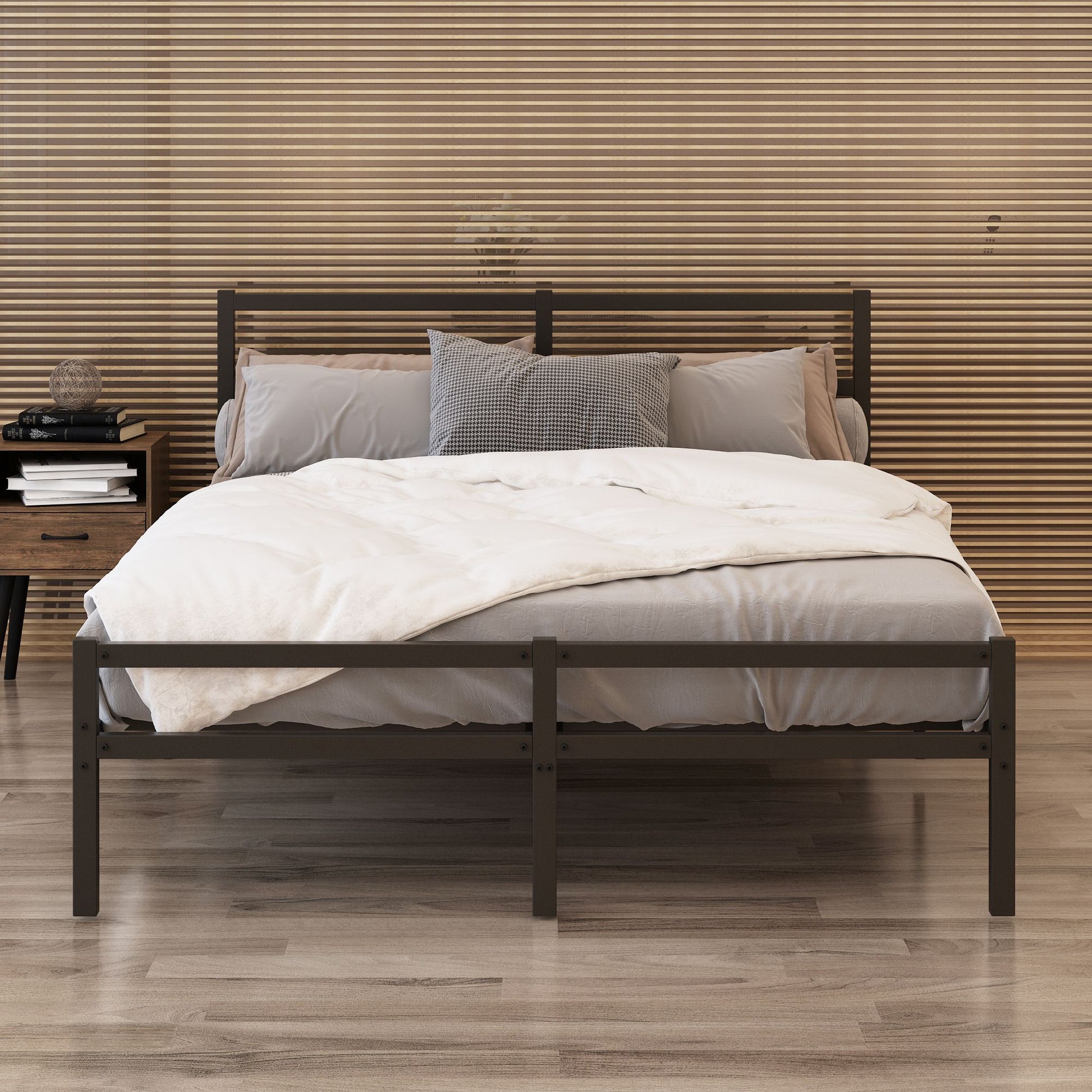 Close-up of metal slats on queen platform bed frame, no box spring needed