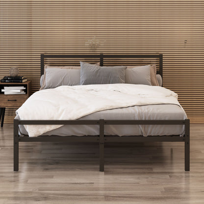 Close-up of metal slats on queen platform bed frame, no box spring needed