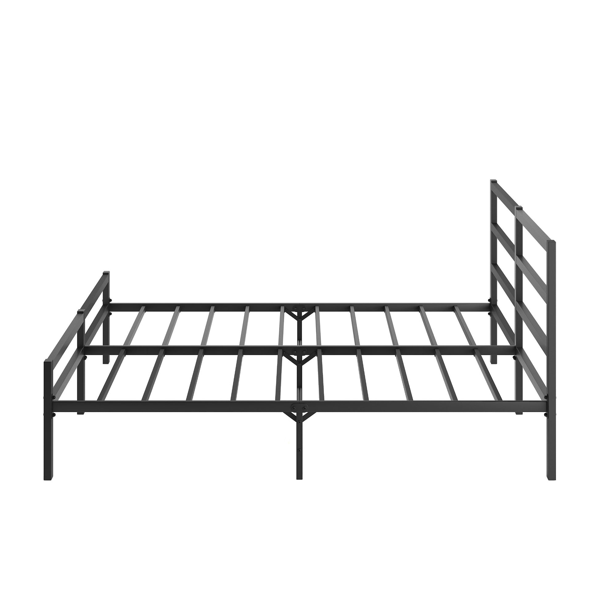 Wave-shaped wooden headboard detail on metal bed frame