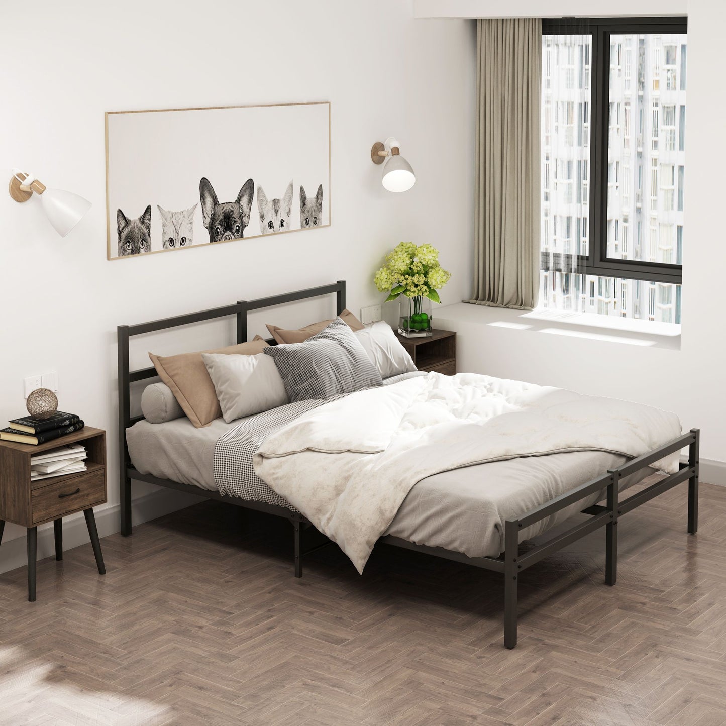 Metal platform bed frame with wave-shaped wooden headboard, queen size, black finish