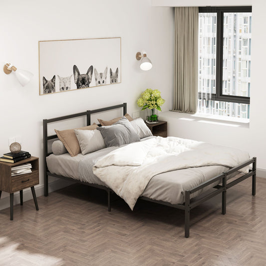 Metal platform bed frame with wave-shaped wooden headboard, queen size, black finish