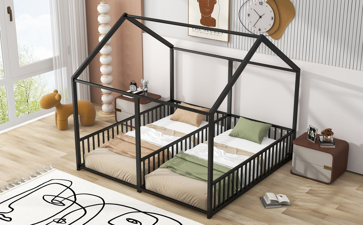Metal Twin Size House Platform Beds, Two Shared Beds, Black image 4