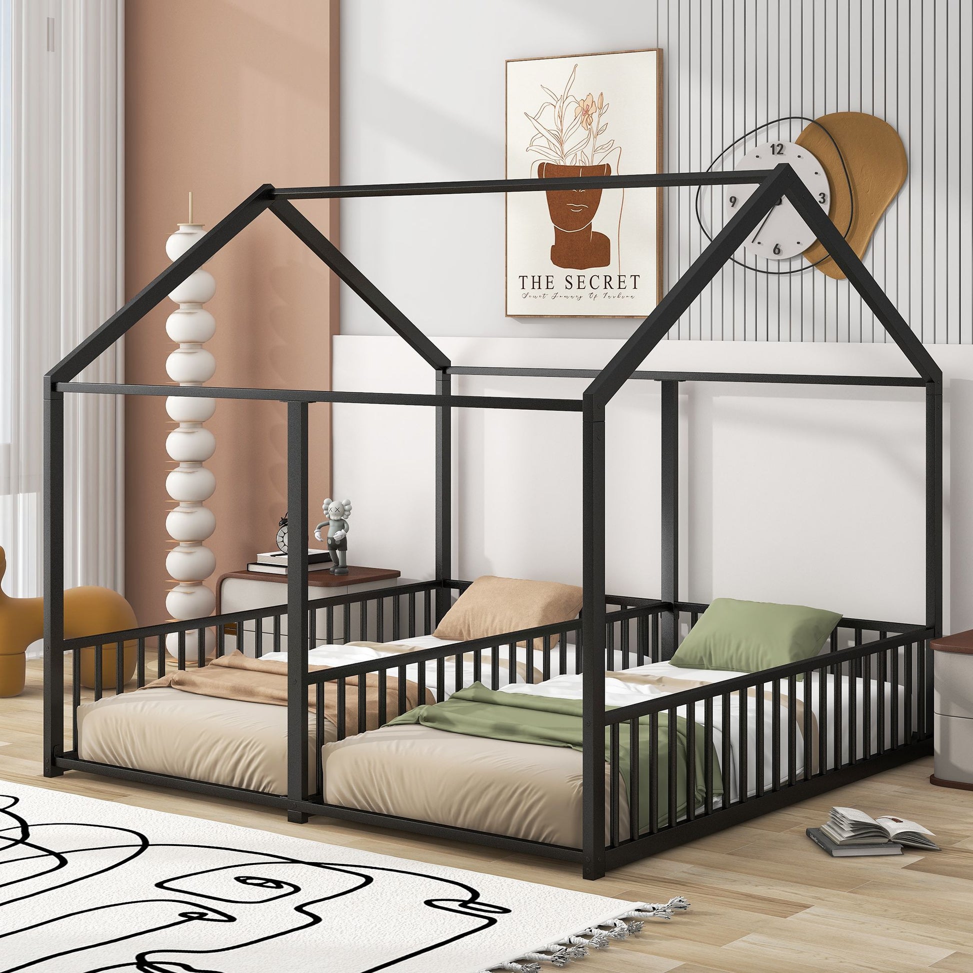 Metal Twin Size House Platform Beds, Two Shared Beds, Black image 1