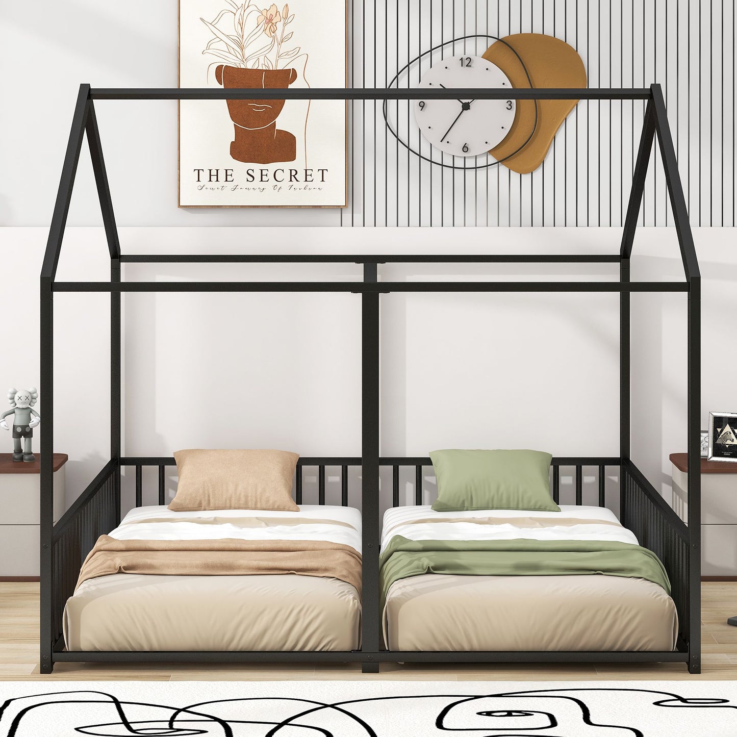 Metal Twin Size House Platform Beds, Two Shared Beds, Black image 3