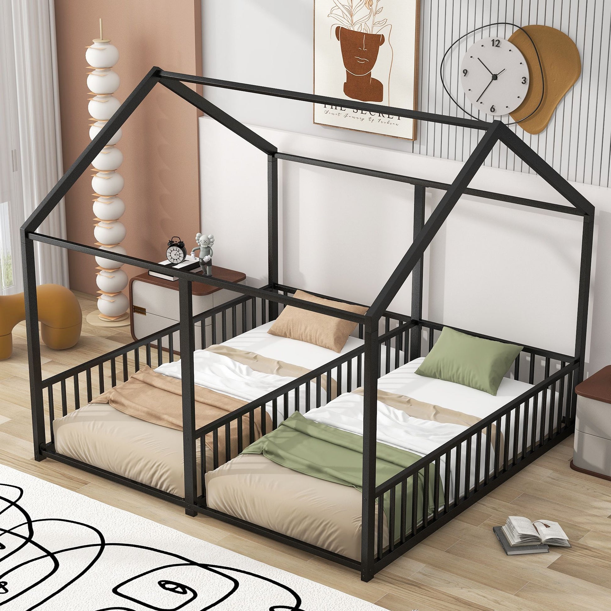 Metal Twin Size House Platform Beds, Two Shared Beds, Black image 2