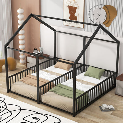 Metal Twin Size House Platform Beds, Two Shared Beds, Black image 2