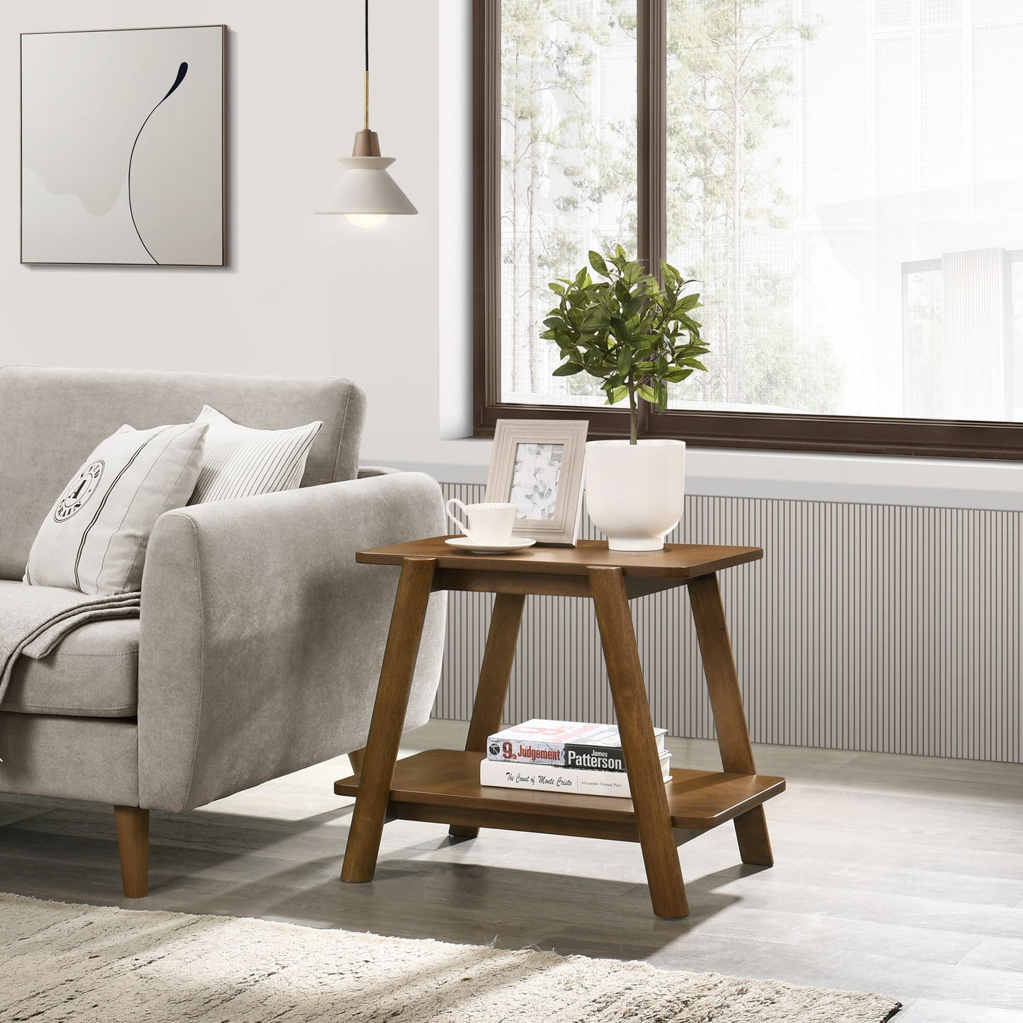 Metz Mid-Century Modern Wood Shelf End Table, Walnut Finish image 1