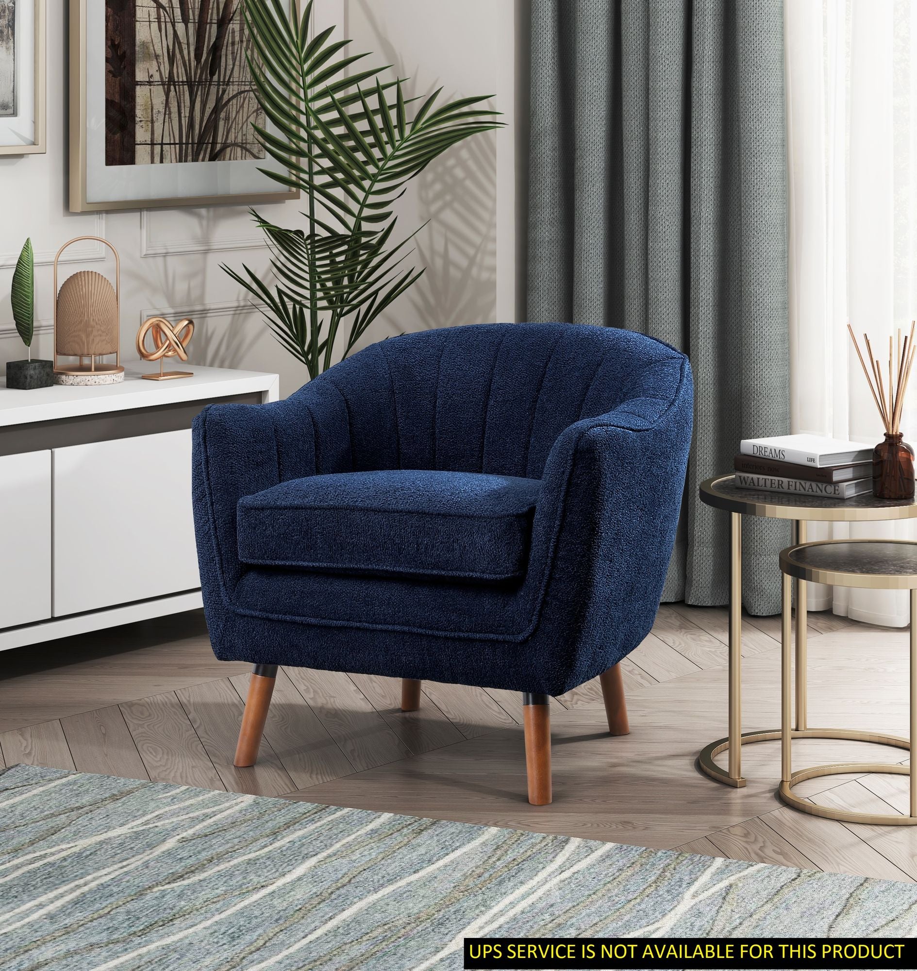 Mid-Century Modern Accent Chair 1pc Blue Chenille Fabric Upholstered Channel Stitched Back Brown Legs Solid Wood Furnitu image 7