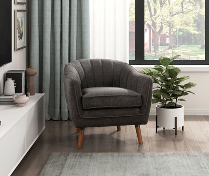 Mid-Century Modern Accent Chair 1pc Charcoal Hued Chenille Fabric Upholstered Channel Stitched Back Brown Legs Solid Woo image 1