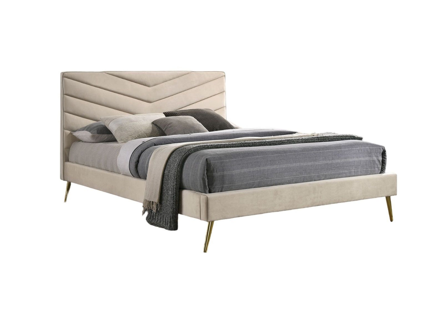 Mid-century Modern Beige Flannelette Chevron Tufted Design 1pc Full Size Bed Padded Headboard Bedroom Furniture image 3