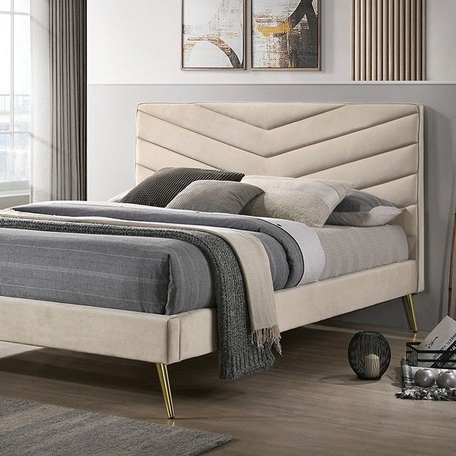 Mid-century Modern Beige Flannelette Chevron Tufted Design 1pc Full Size Bed Padded Headboard Bedroom Furniture image 5