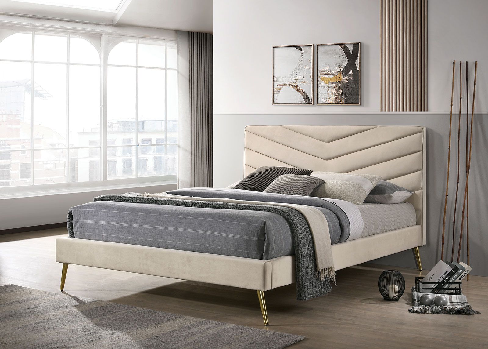 Mid-century Modern Beige Flannelette Chevron Tufted Design 1pc Full Size Bed Padded Headboard Bedroom Furniture image 2