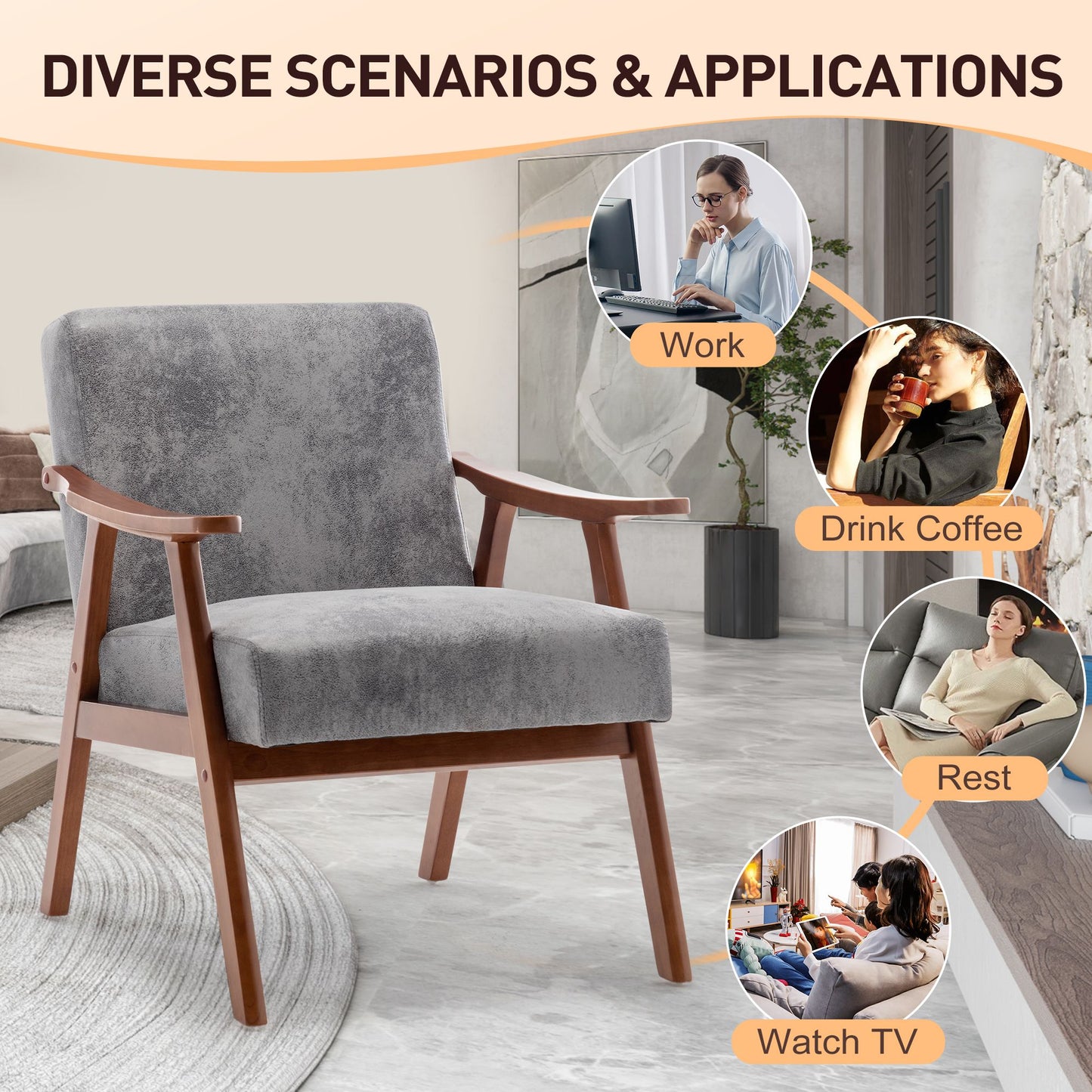 Mid-Century Modern Chair, Living Room Chair with Solid Wood Frame, Accent Chair Extra-Thick Backrest, Wingback Chair for image 10