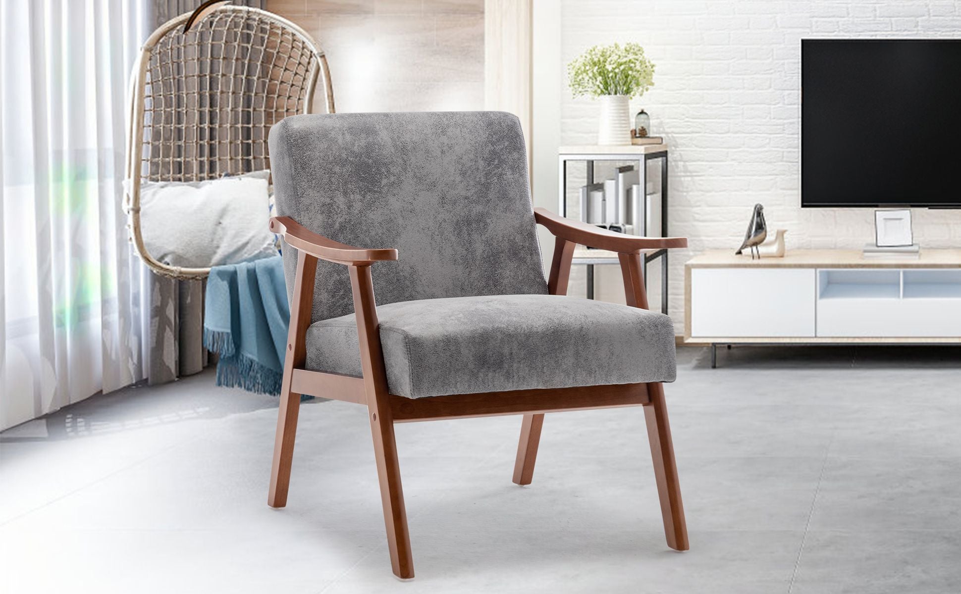 Mid-Century Modern Chair, Living Room Chair with Solid Wood Frame, Accent Chair Extra-Thick Backrest, Wingback Chair for image 4