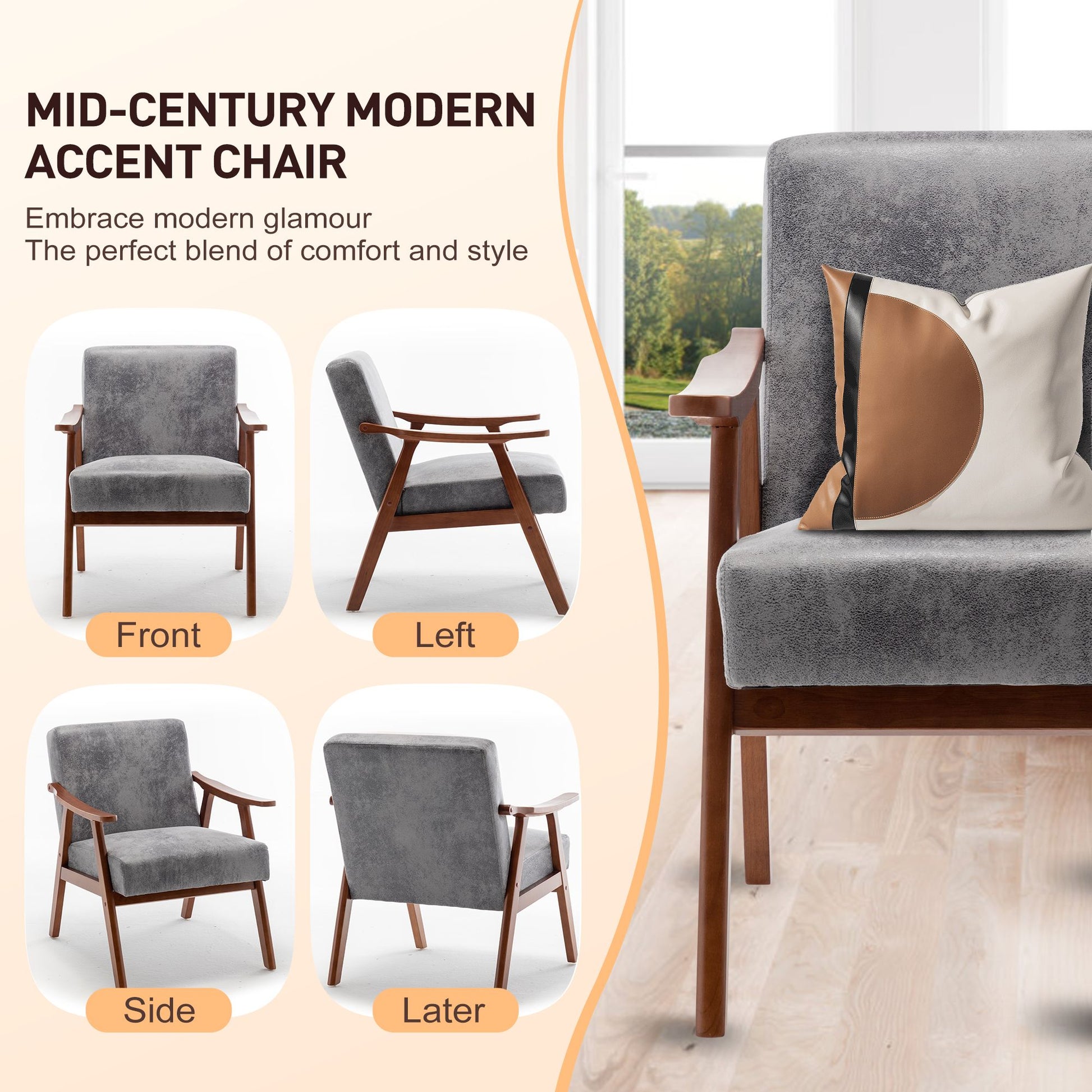 Mid-Century Modern Chair, Living Room Chair with Solid Wood Frame, Accent Chair Extra-Thick Backrest, Wingback Chair for image 8