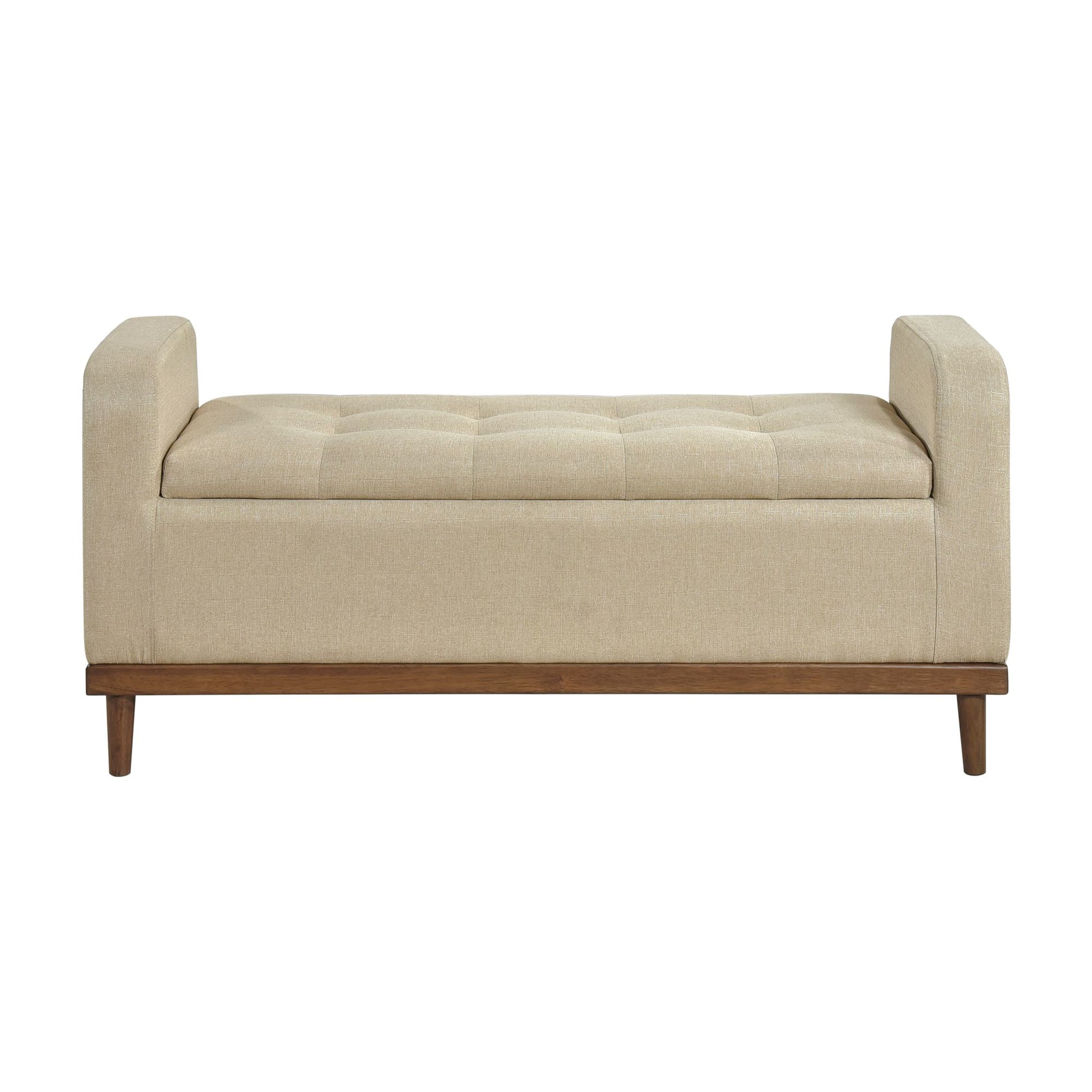Mid-Century Modern Lift Top Storage Bench 1pc Light Brown Upholstered Tufted Solid Wood Walnut Finish Wooden Furniture image 3