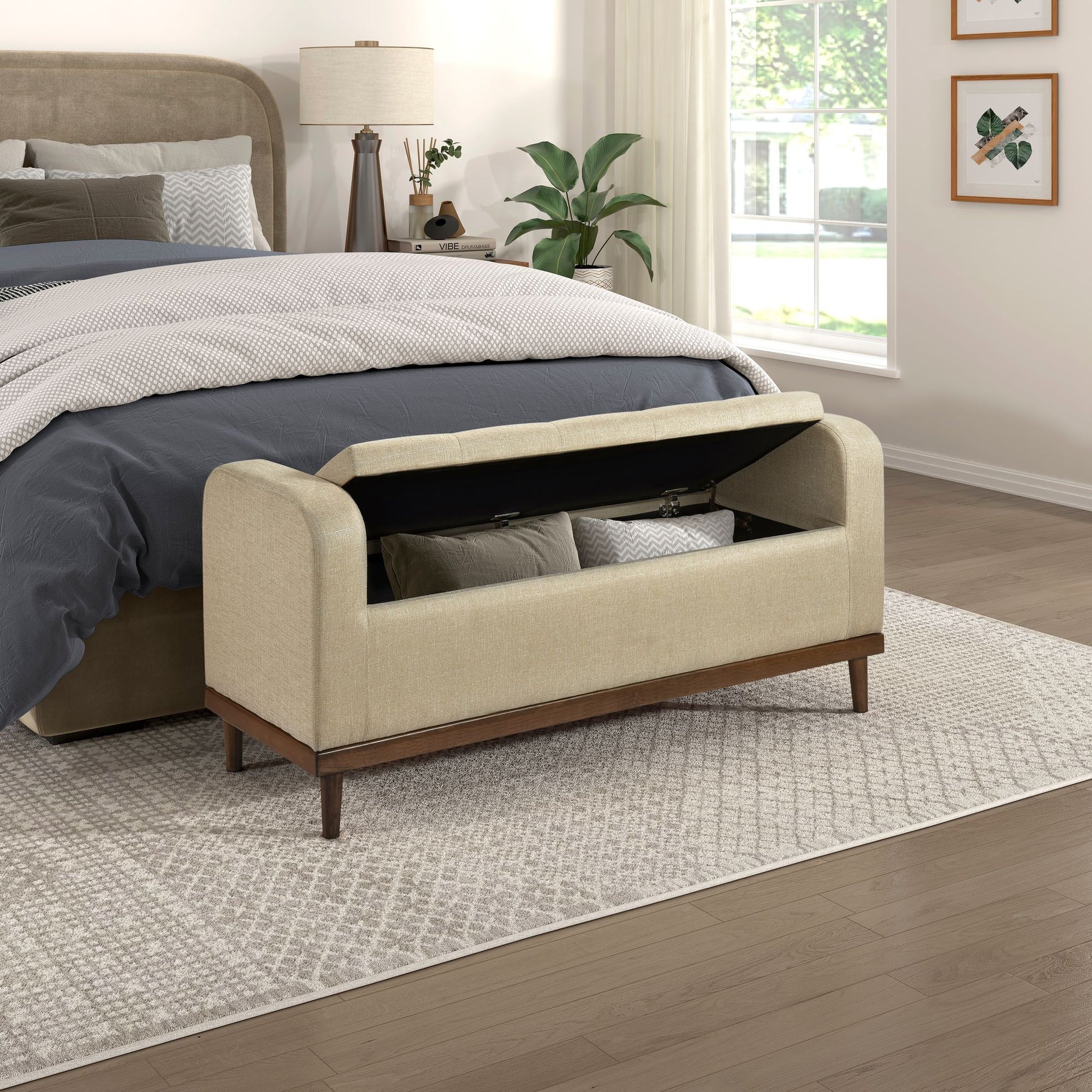 Mid-Century Modern Lift Top Storage Bench 1pc Light Brown Upholstered Tufted Solid Wood Walnut Finish Wooden Furniture image 2
