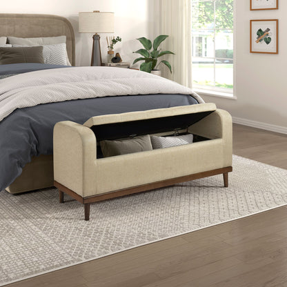 Mid-Century Modern Lift Top Storage Bench 1pc Light Brown Upholstered Tufted Solid Wood Walnut Finish Wooden Furniture image 2
