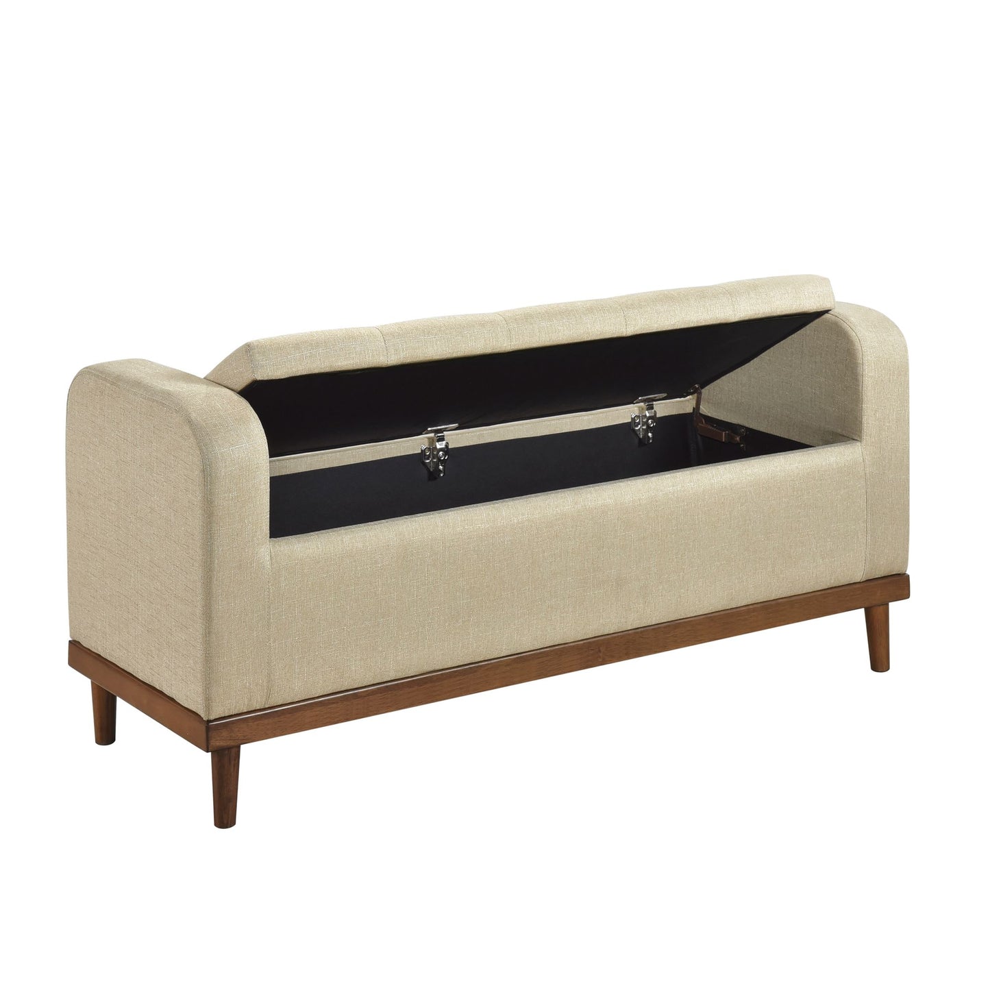 Mid-Century Modern Lift Top Storage Bench 1pc Light Brown Upholstered Tufted Solid Wood Walnut Finish Wooden Furniture image 5