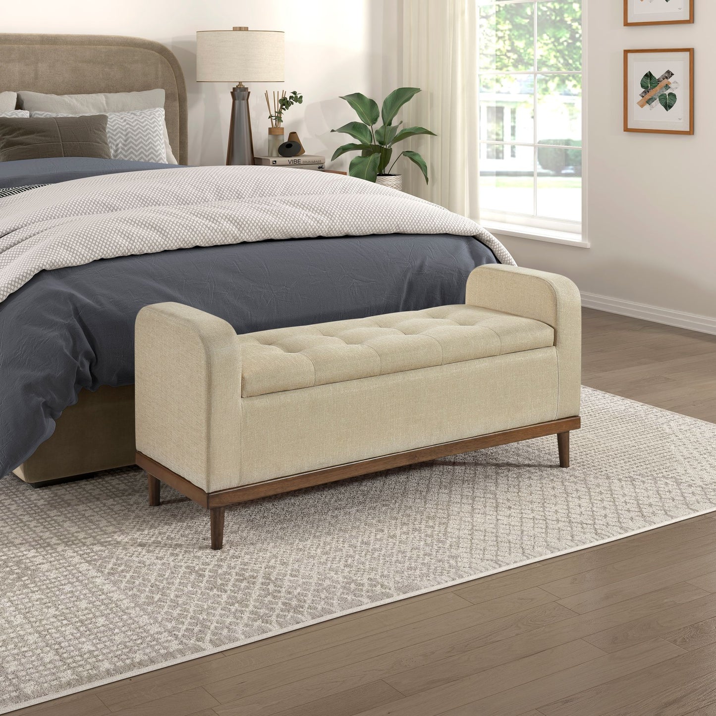 Mid-Century Modern Lift Top Storage Bench 1pc Light Brown Upholstered Tufted Solid Wood Walnut Finish Wooden Furniture image 1