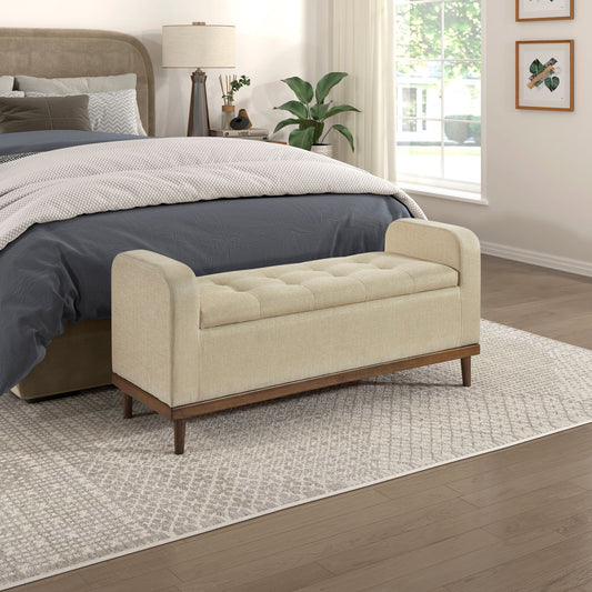 Mid-Century Modern Lift Top Storage Bench 1pc Light Brown Upholstered Tufted Solid Wood Walnut Finish Wooden Furniture image 1