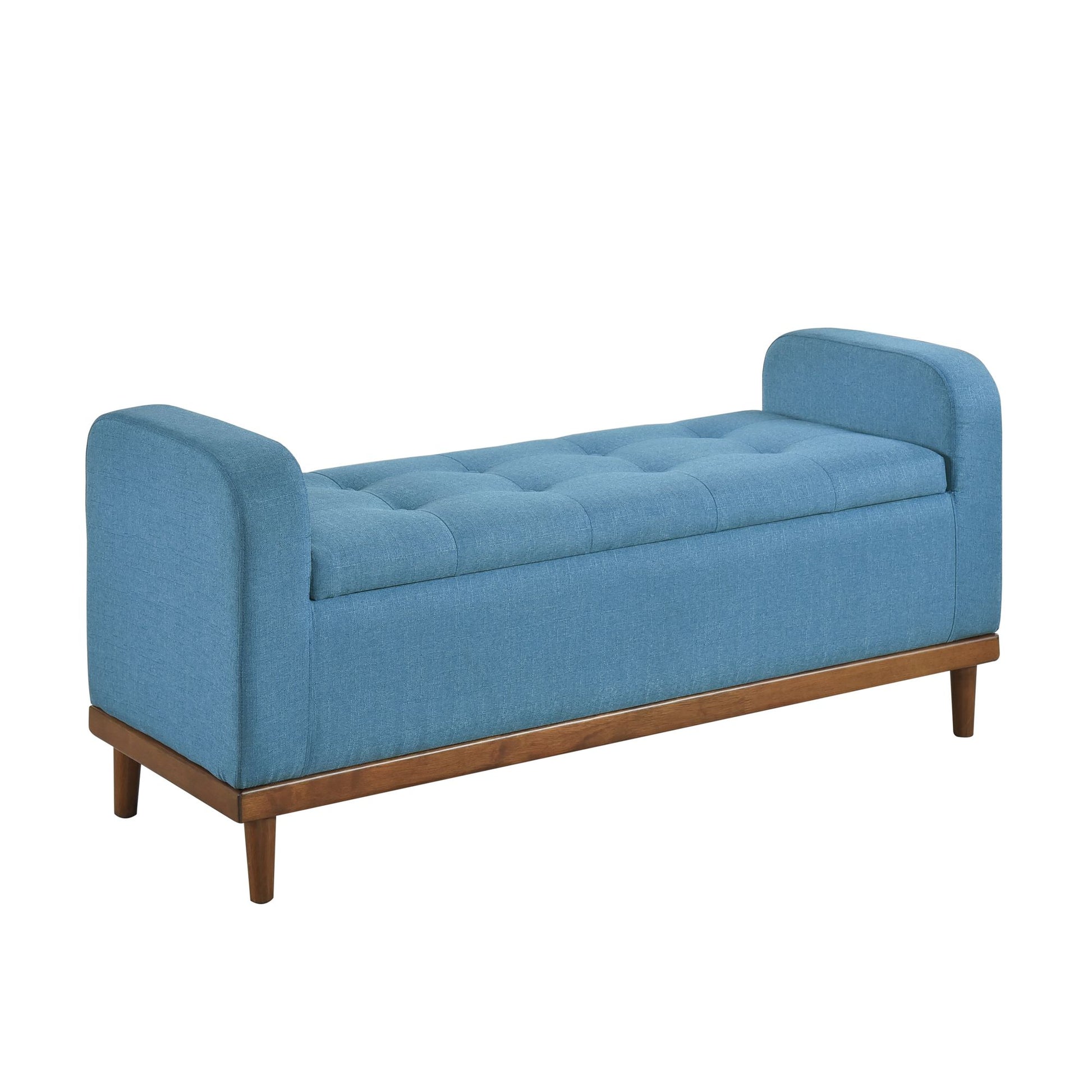 Mid-Century Modern Lift Top Storage Bench 1pc Tufted Blue Upholstered Solid Wood Walnut Finish Wooden Furniture image 5