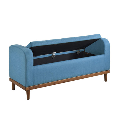 Mid-Century Modern Lift Top Storage Bench 1pc Tufted Blue Upholstered Solid Wood Walnut Finish Wooden Furniture image 6