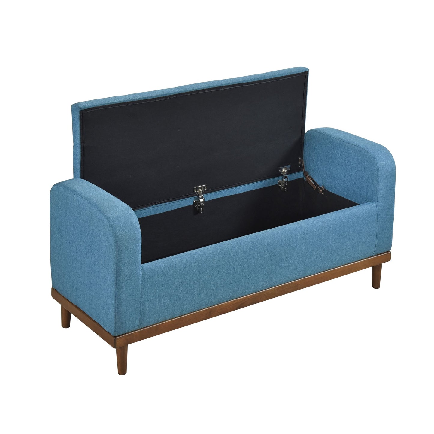 Mid-Century Modern Lift Top Storage Bench 1pc Tufted Blue Upholstered Solid Wood Walnut Finish Wooden Furniture image 7