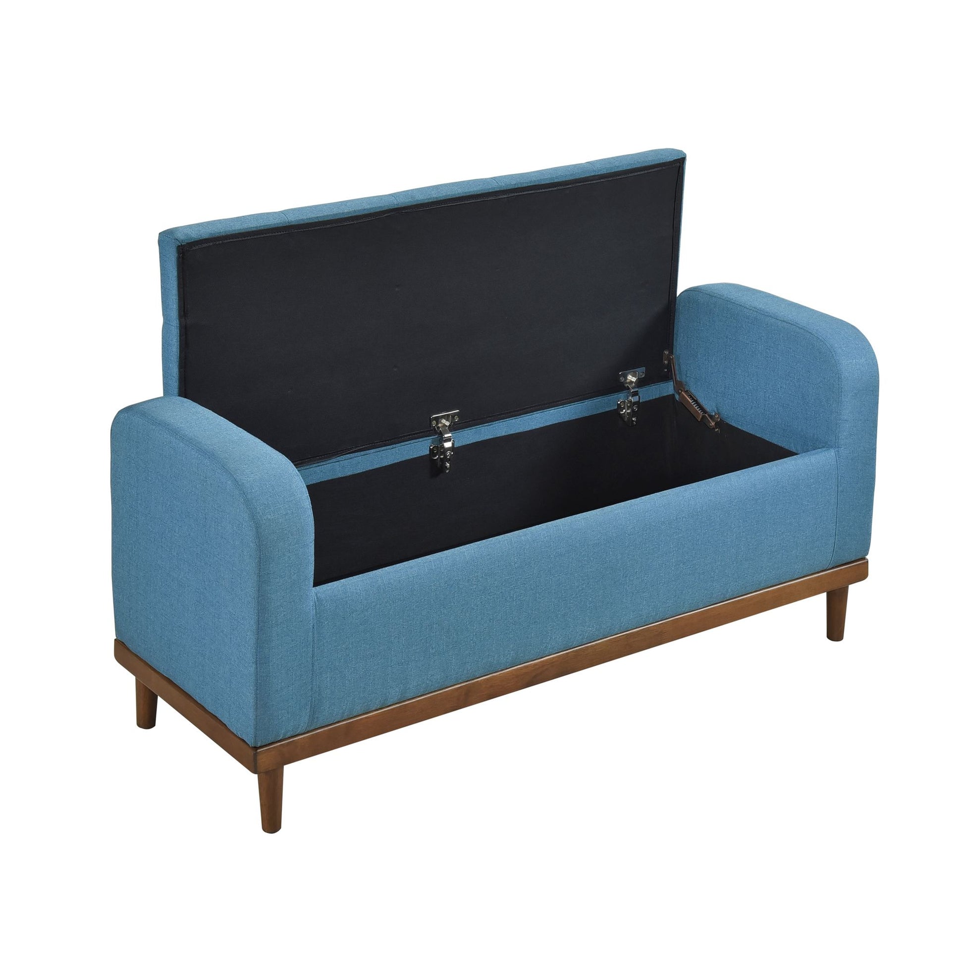 Mid-Century Modern Lift Top Storage Bench 1pc Tufted Blue Upholstered Solid Wood Walnut Finish Wooden Furniture image 7