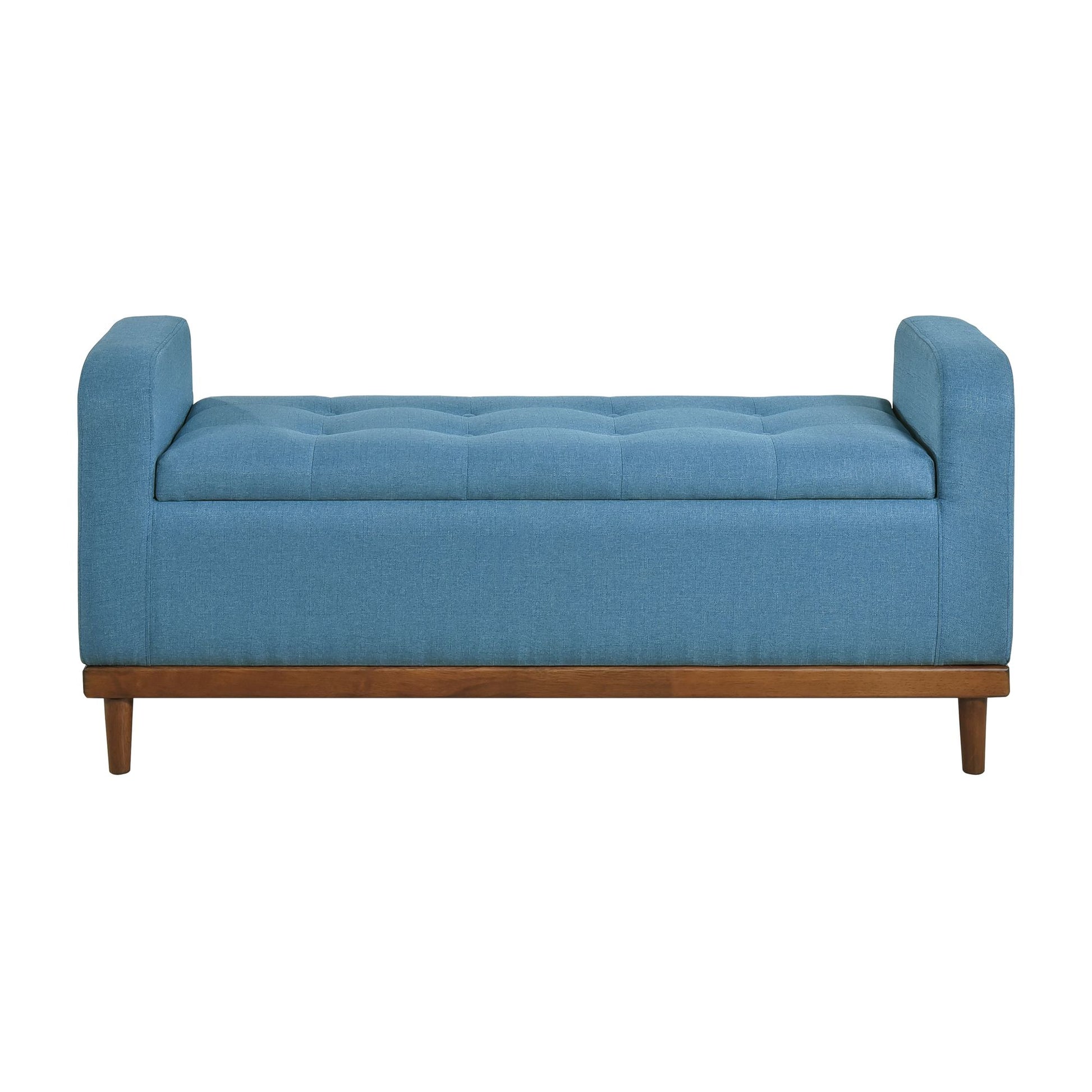 Mid-Century Modern Lift Top Storage Bench 1pc Tufted Blue Upholstered Solid Wood Walnut Finish Wooden Furniture image 4