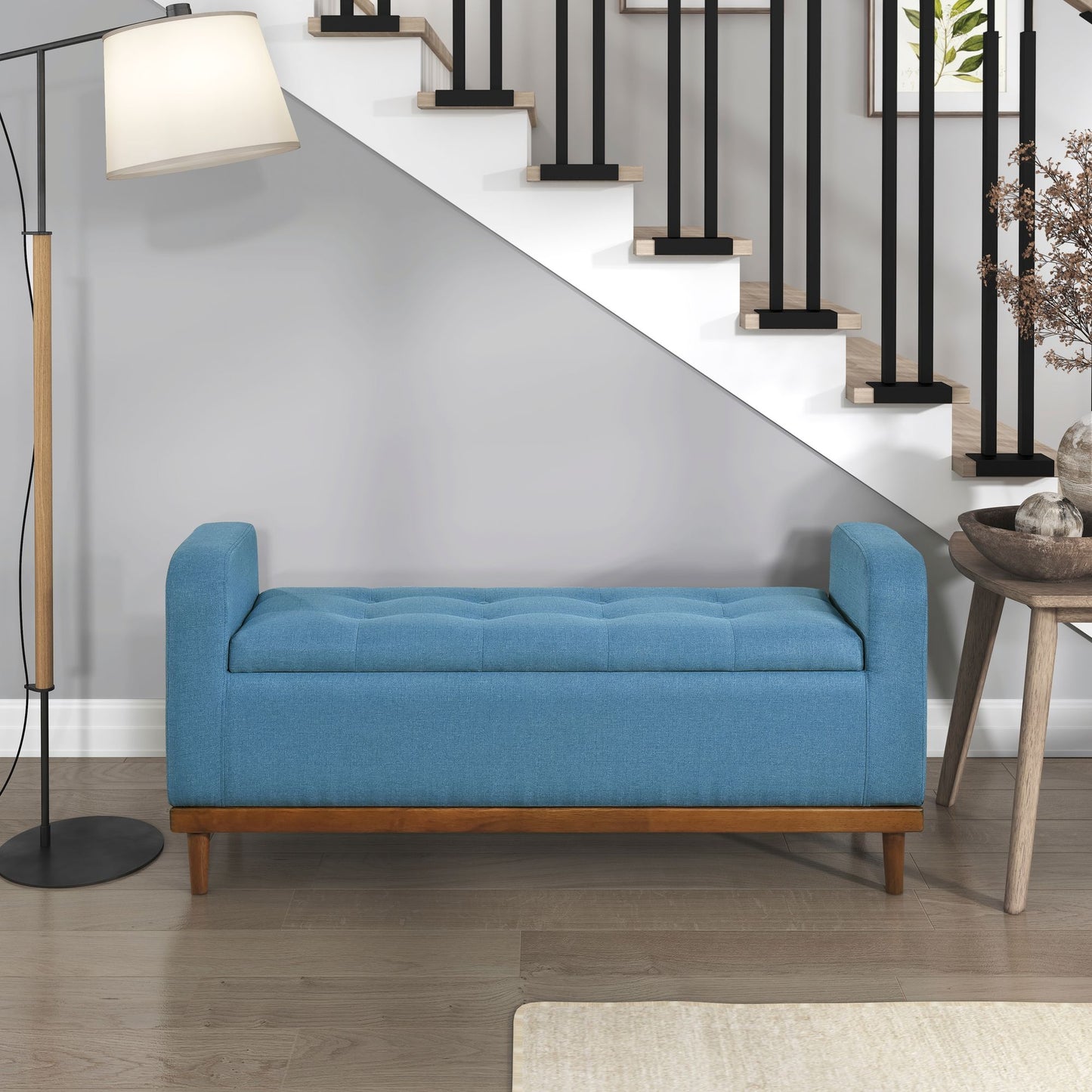 Mid-Century Modern Lift Top Storage Bench 1pc Tufted Blue Upholstered Solid Wood Walnut Finish Wooden Furniture image 1