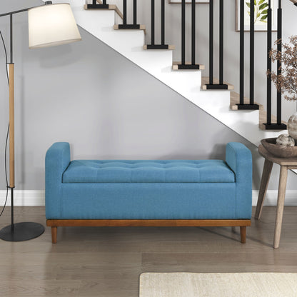 Mid-Century Modern Lift Top Storage Bench 1pc Tufted Blue Upholstered Solid Wood Walnut Finish Wooden Furniture image 1